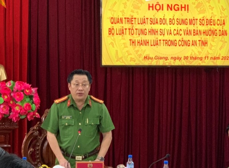 Đồng chí Đại tá Lâm Phước Nguyên, Phó Giám đốc Công an tỉnh phát biểu khai mạc Hội nghị